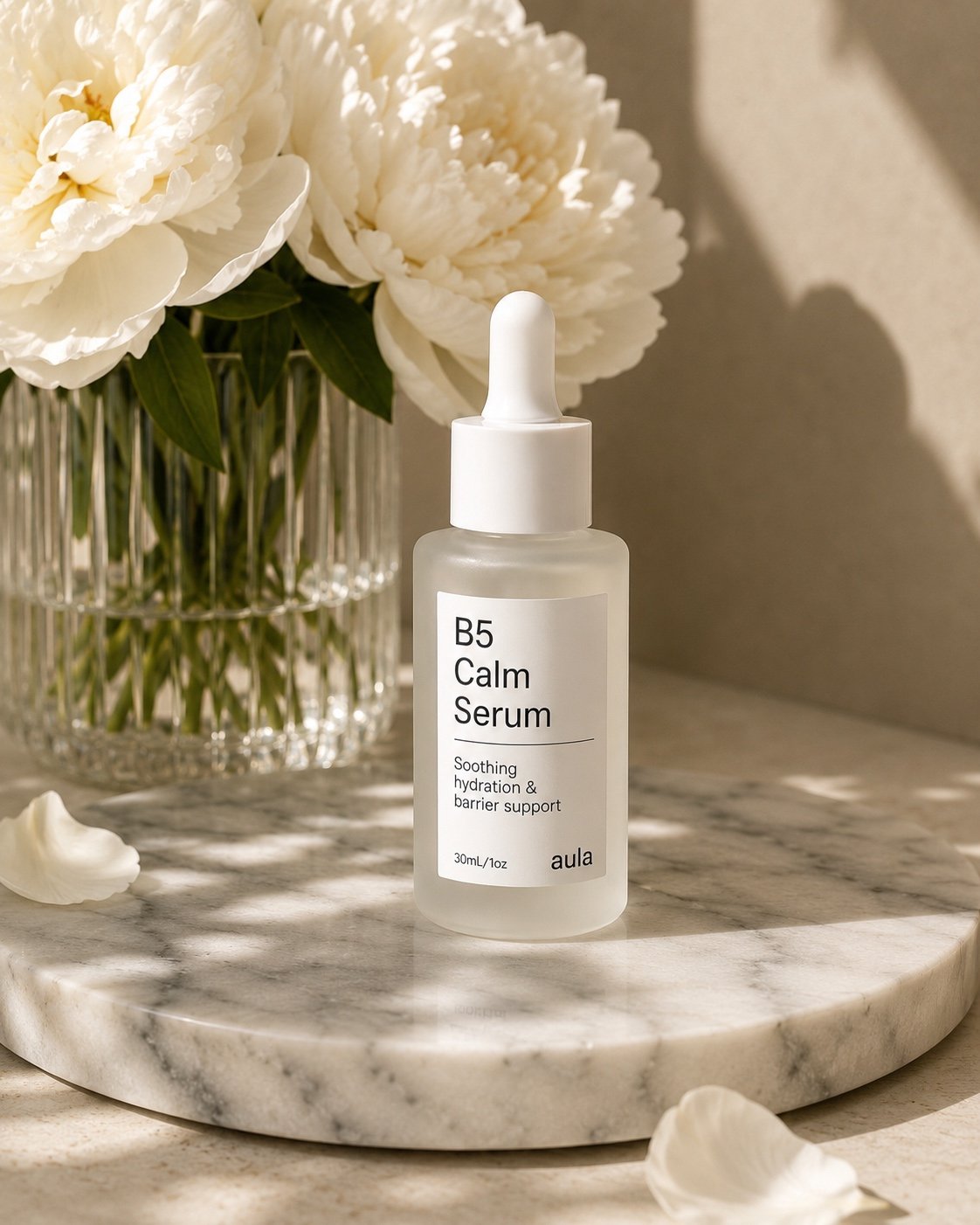 B5 Calm Serum with peonies on marble