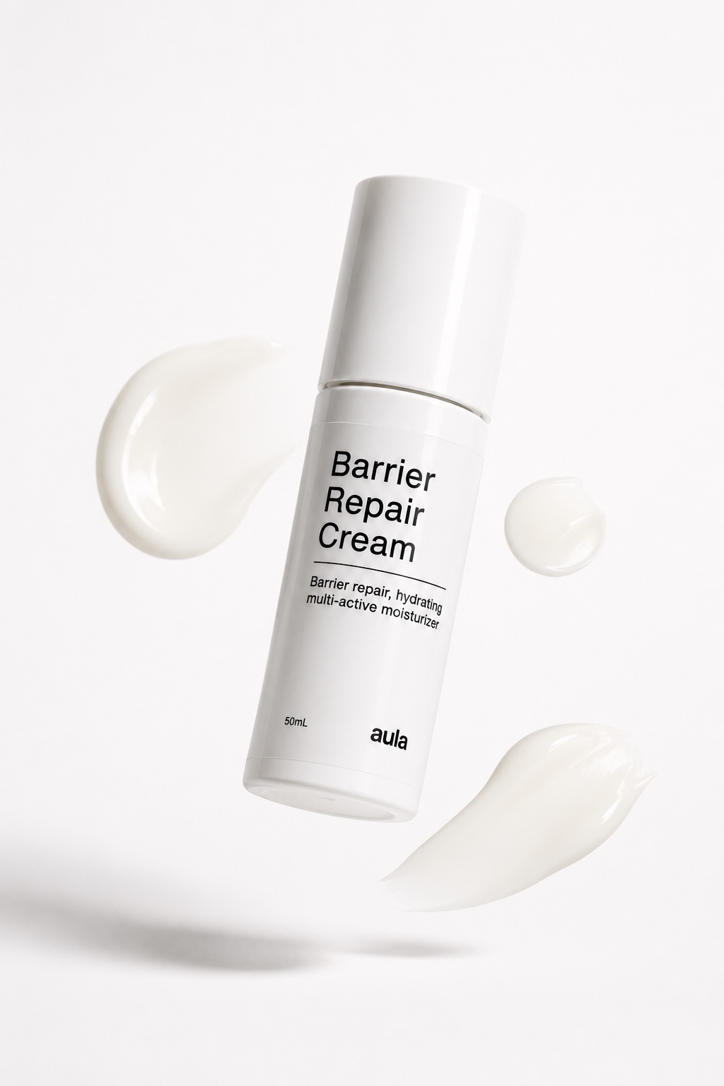 Barrier Repair Cream floating with three cream swatches