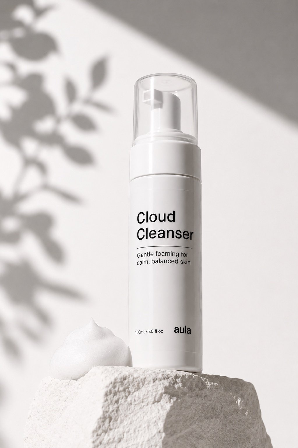 Cloud Cleanser on a stone pedestal with leaf shadows
