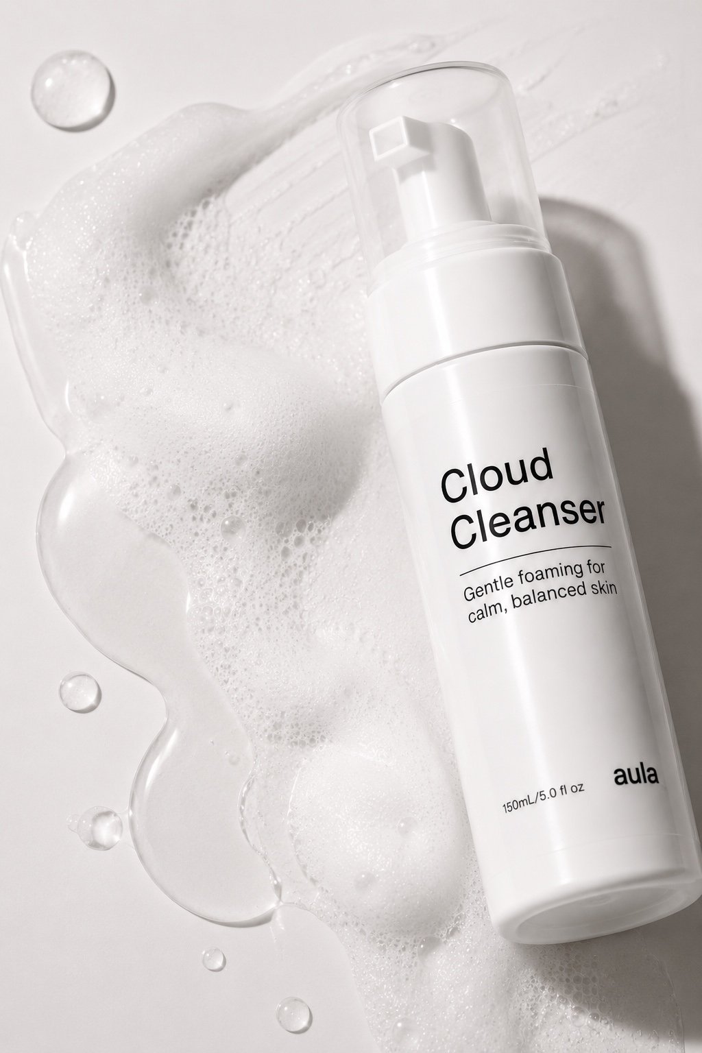 Cloud Cleanser flat-lay with foam and gel