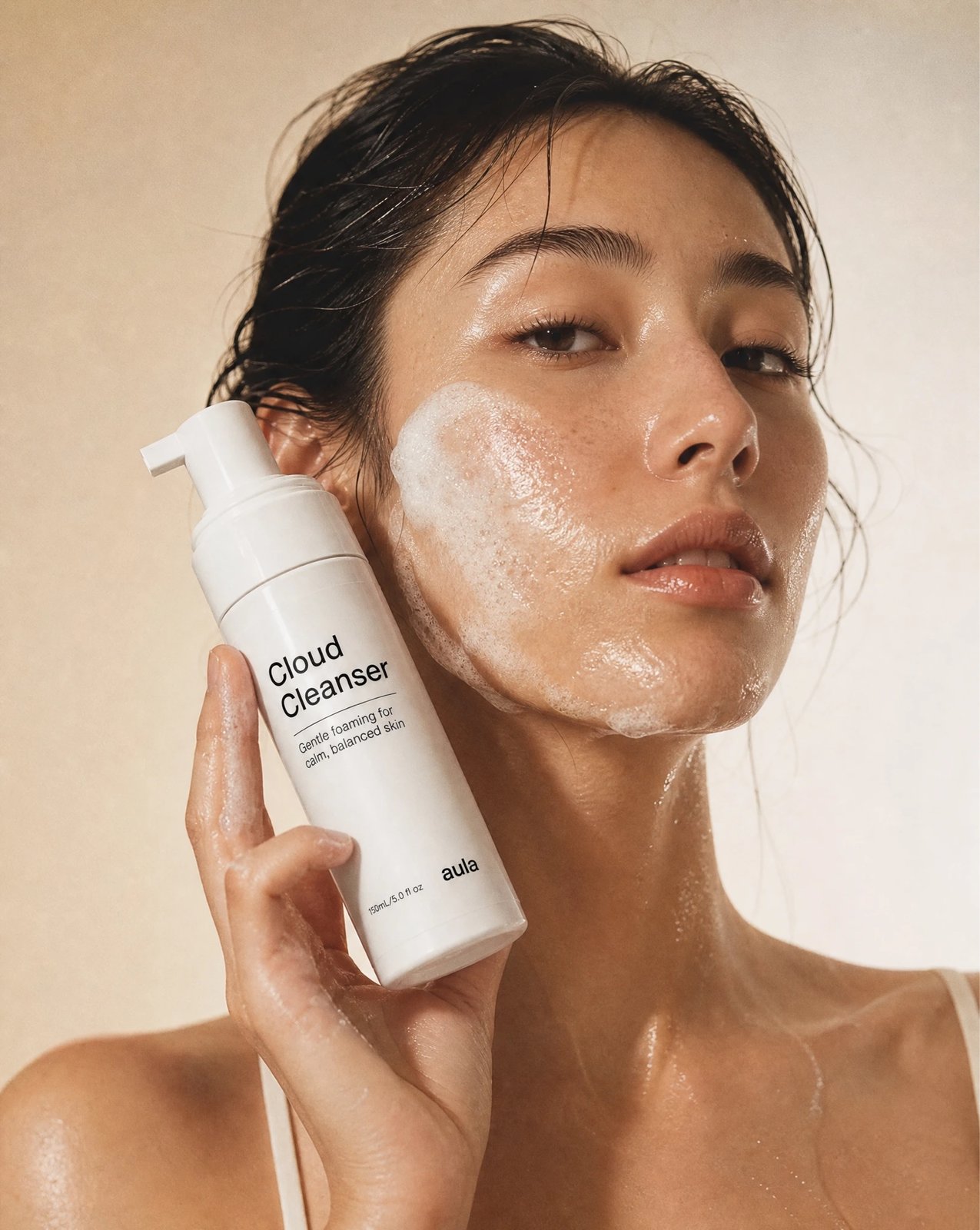 Model holding Cloud Cleanser with foam on her skin