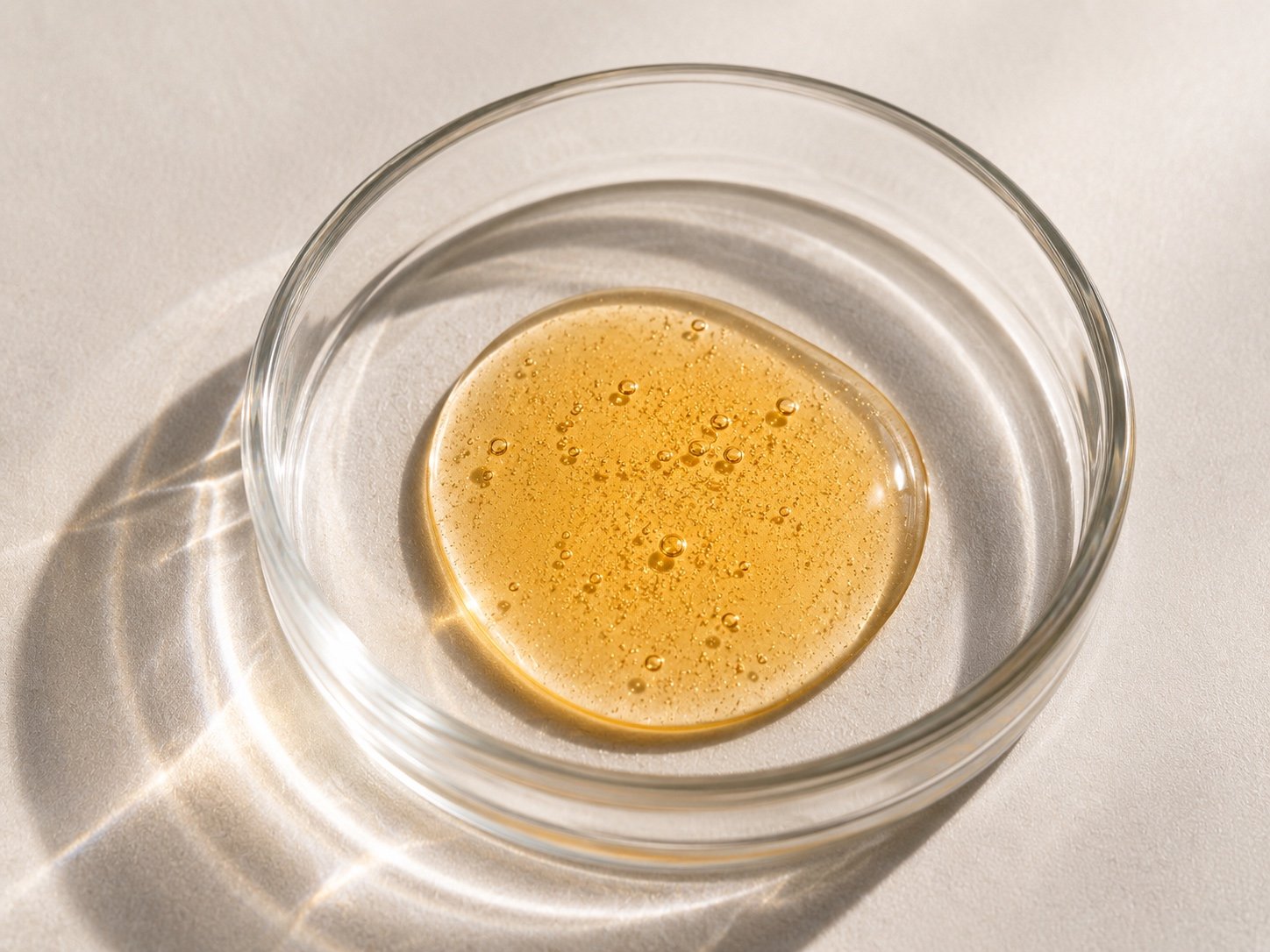 Exosome Restore serum in a glass dish