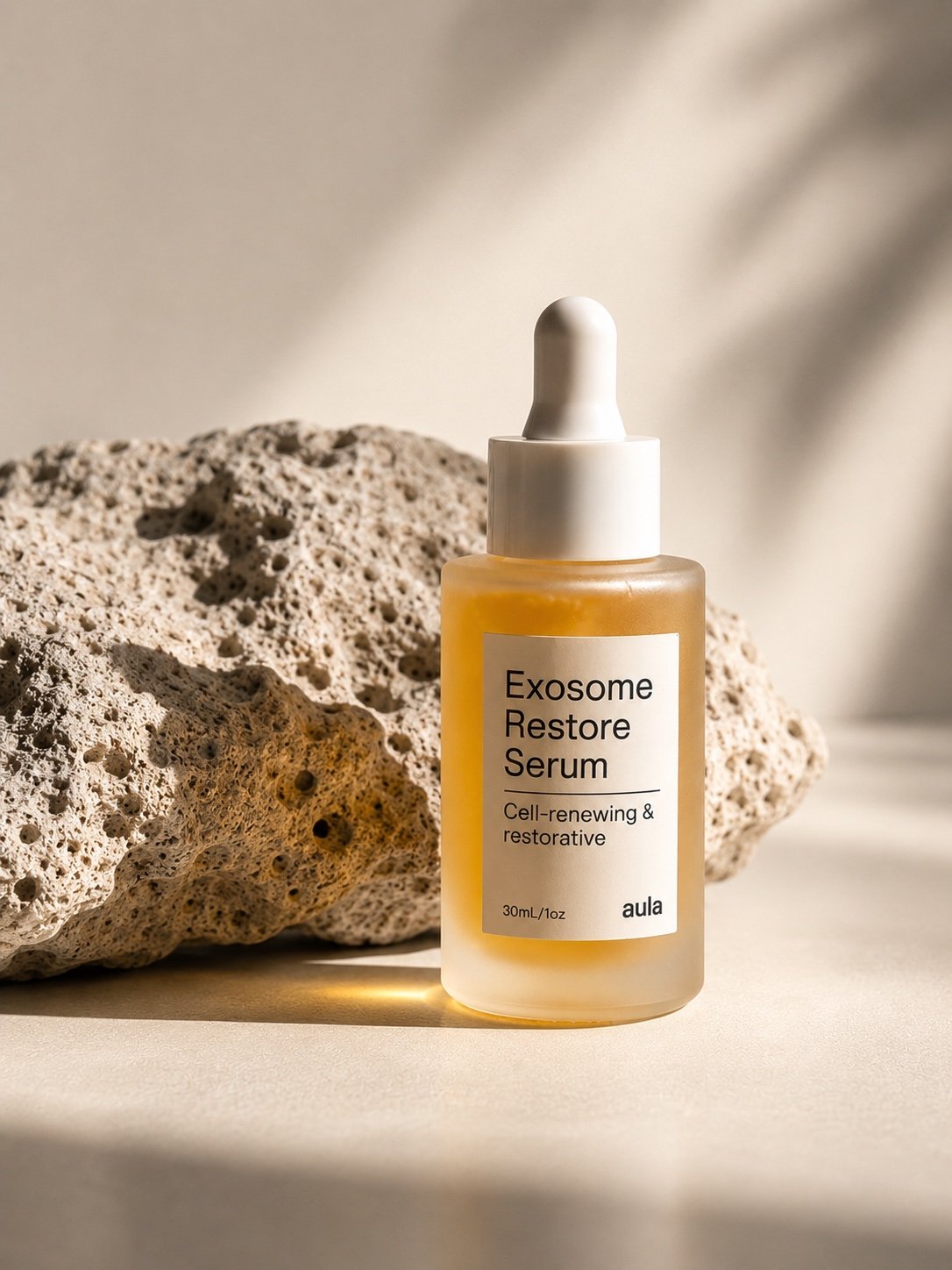 Exosome Restore Serum beside volcanic stone