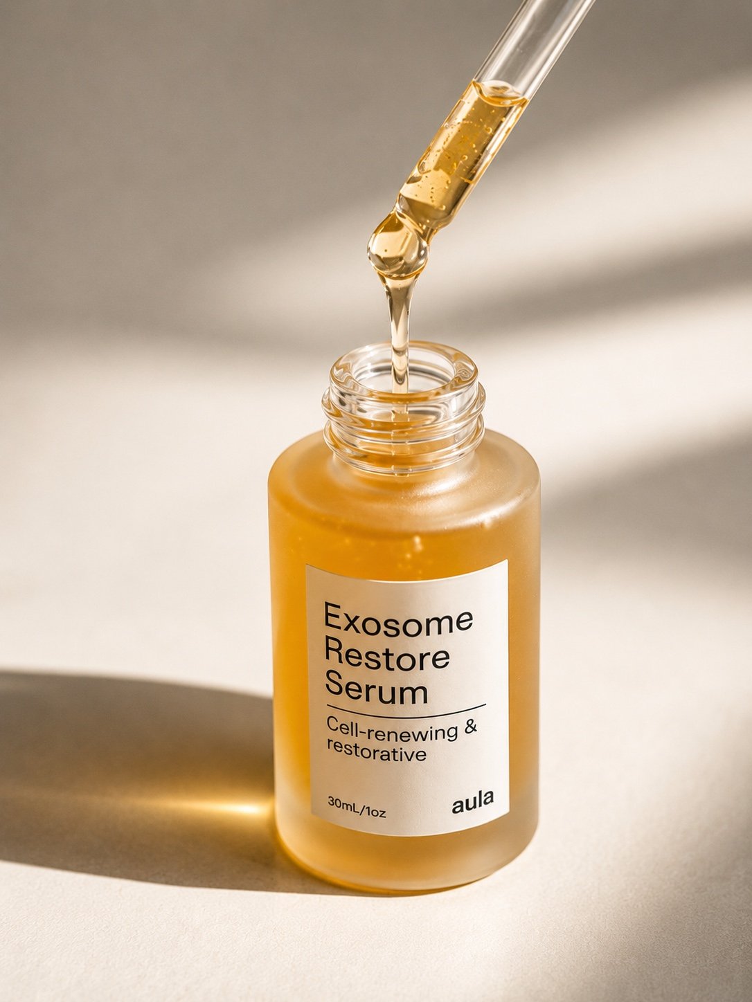 Dropper pouring golden Exosome Restore serum