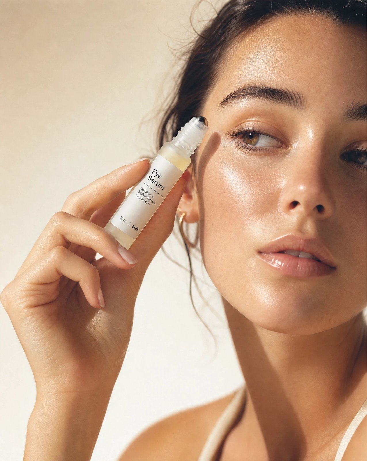 Model applying Eye Serum rollerball under the eye