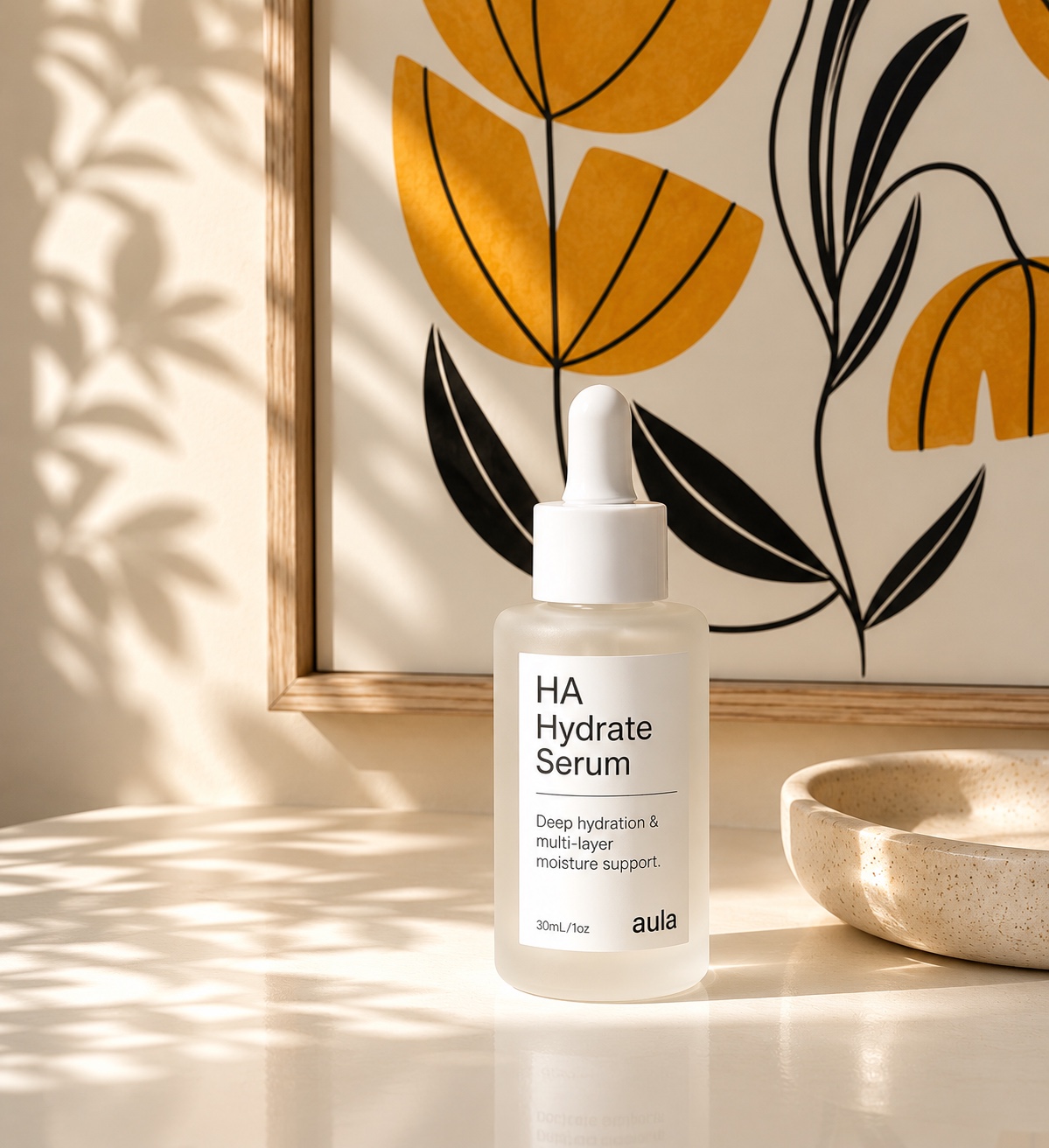 HA Hydrate Serum styled with sunlit botanical art print