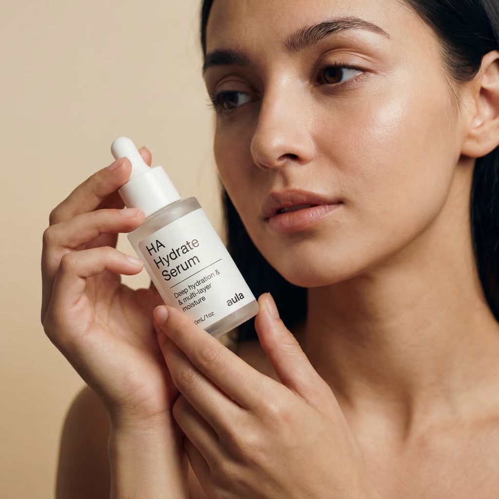 Model holding HA Hydrate Serum, glowing hydrated skin